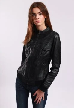 Lee Cooper Leather Jacket With Round Collar - 2 Zipped Side Pockets - - Leren Jas - Black